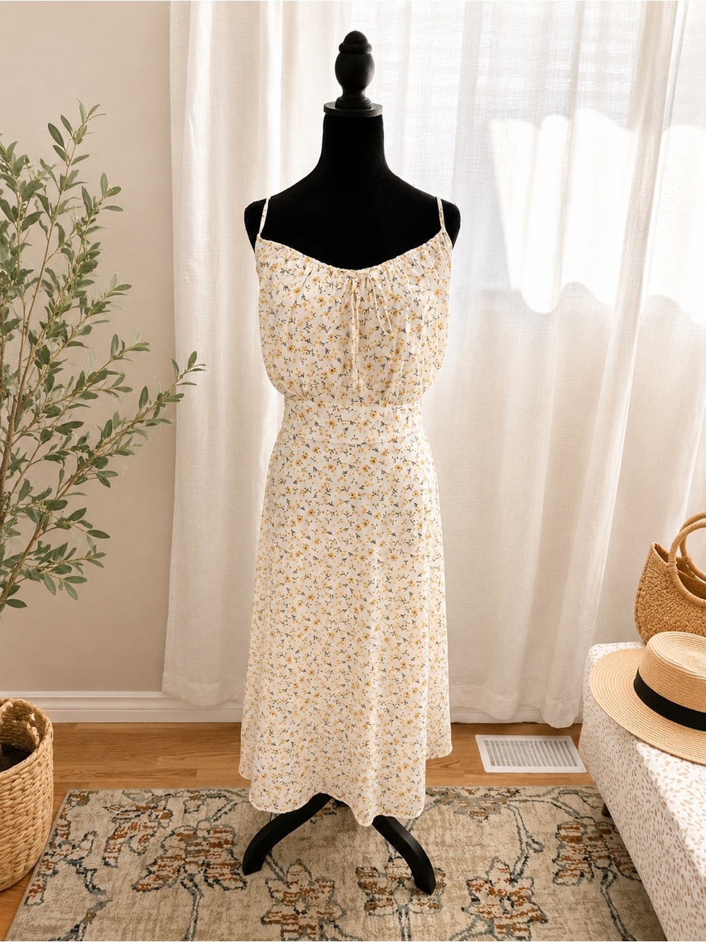 Rebdolls Cream Midi Dress with Yellow Floral Print